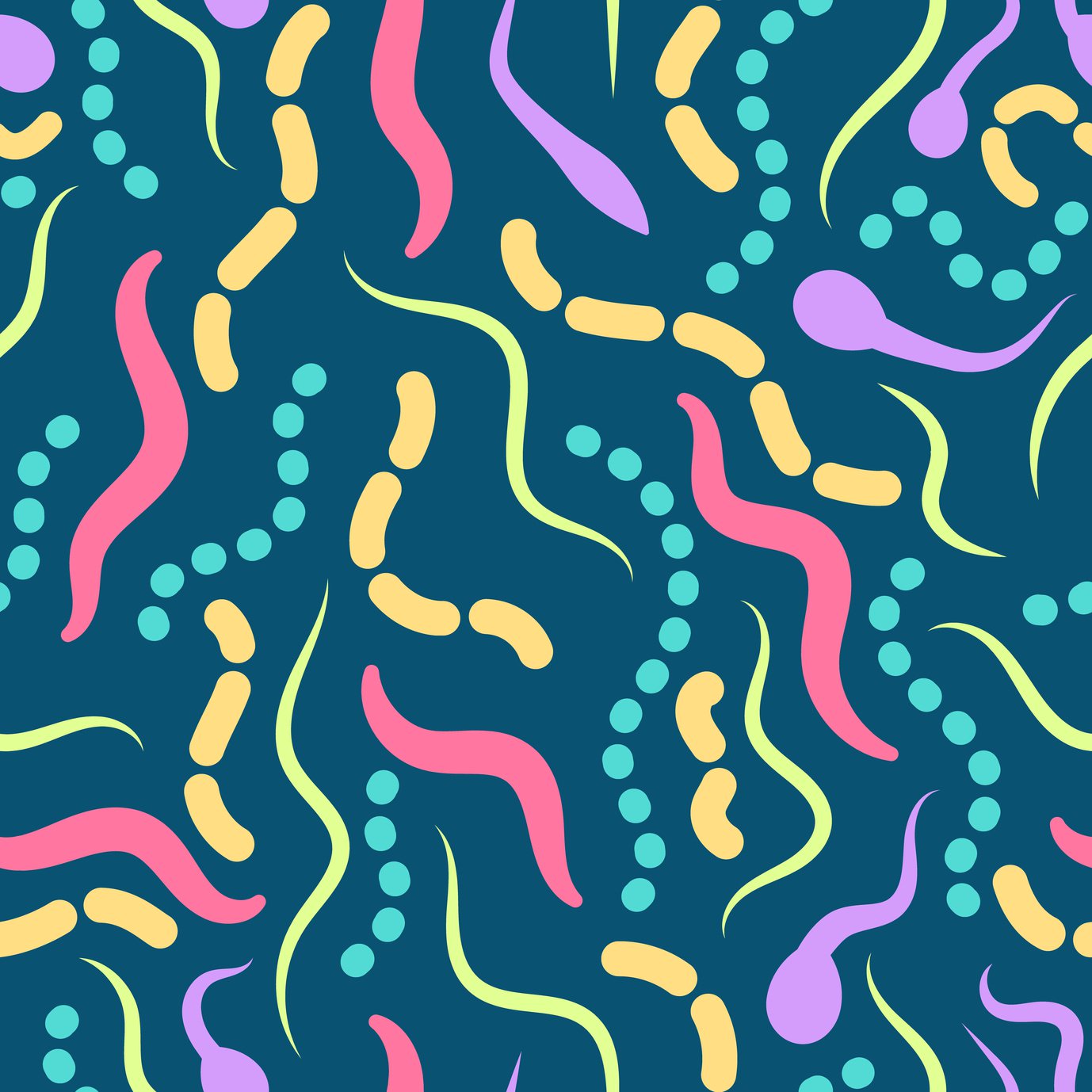 scientific background, seamless pattern with bacteria, viruses and worms